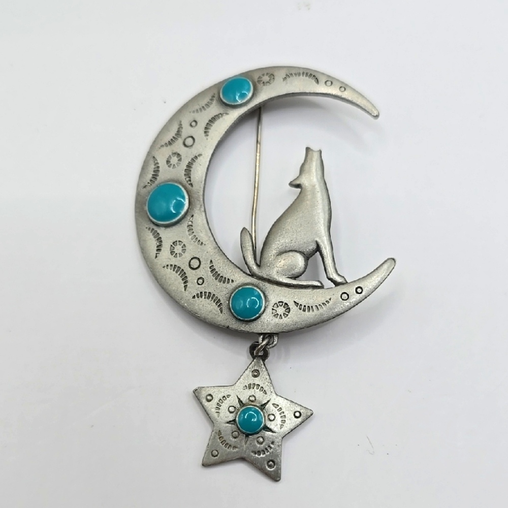 JJ Jonette 1988 Silvertone Howling Moon & Wolf Brooch Faux Turquoise Accents